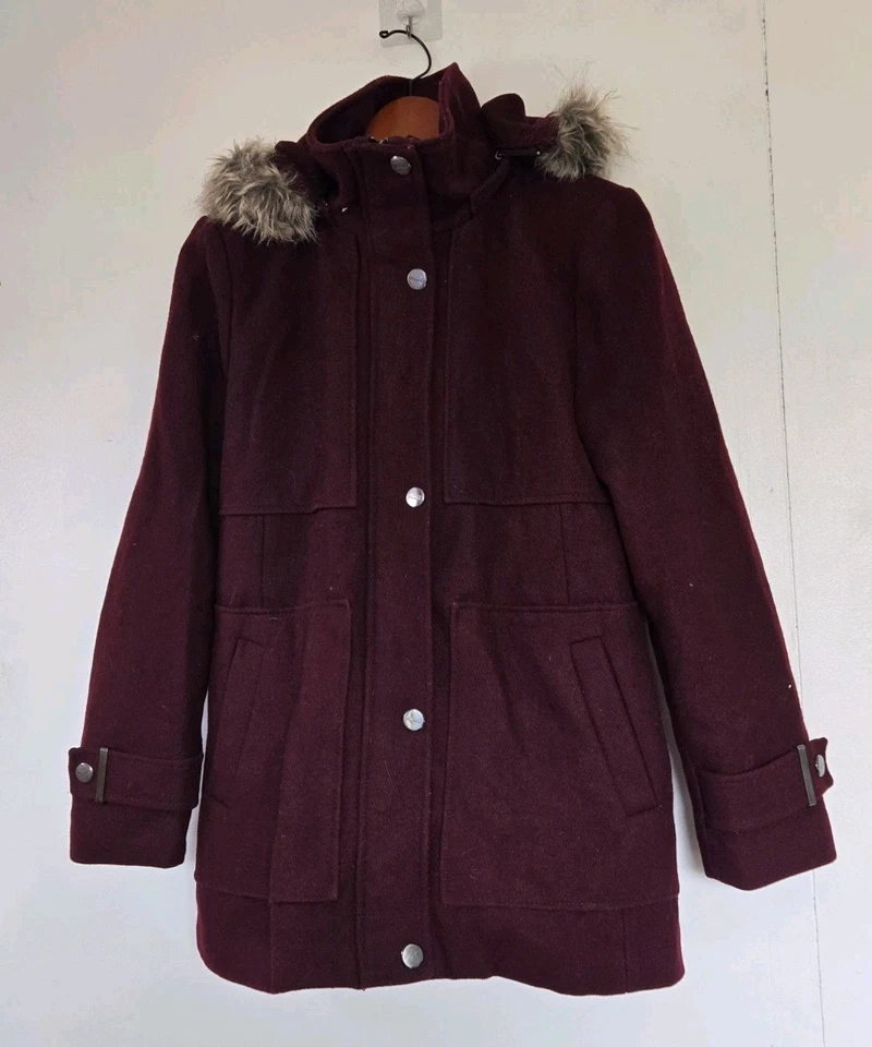 Abrigo Kenneth Cole Mujer L Lana Imitación Piel Borgoña Invierno Cálido Acogedor Otoño Foto 1 de 4