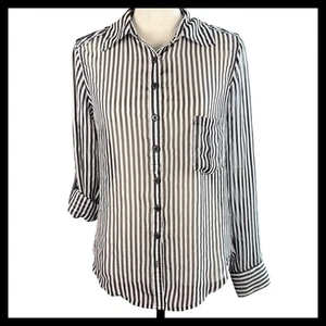 GUESS Los Angeles Women's XS Black White Striped Sheer Button Down Blouse - Picture 1 of 13