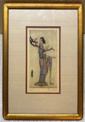 Grabado Original ELYSE ASHE LORD 'Chica Geisha con Flores de Cerezo' - Mujer China Foto 1 de 4