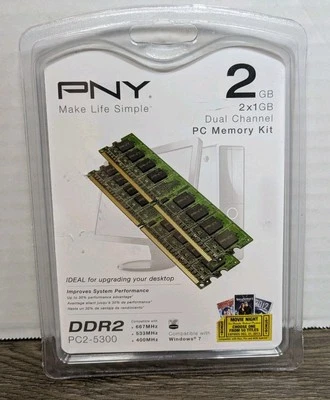 PNY 2GB (2x1GB) PC2-5300 667MHz DDR2 Desktop DIMMs Memory MD2048KD2-667 NEW - Image 1 of 4