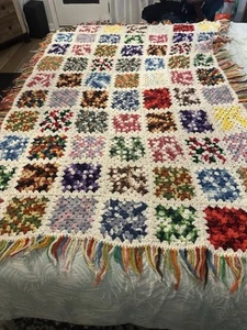 Vintage Handmade Crochet Granny Square Blanket 48" x 72" Colorful Afghan Throw - Picture 1 of 9