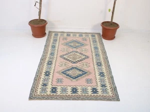 Alfombra vintage anudada a mano rosa azul tribal diseño geométrico diamante 4x6 pies - Imagen 1 de 11
