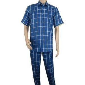 Men INSERCH premium Soft Cool Linen 2pc Walking Leisure suit 7098 Blue Plaid - Picture 1 of 7