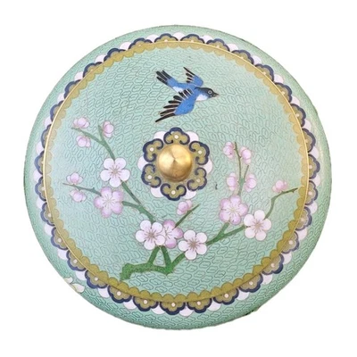 Antiguo cuenco de esmalte cloisonne chino asiático con tapa cerezo en flor pájaros verde  Foto 1 de 4