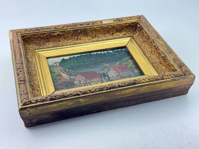 Antique Vintage Oil on Wood Folk Art Victorian Logging Scene w/ Dam Landscape - Image 1 of 4