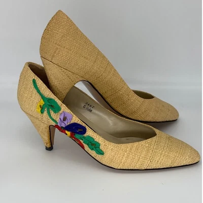 Zapatos de tacón de paja vintage años 80 J. Renee alta costura floral tejido único colorido 6,5 M Foto 1 de 4