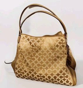 COACH 26448 MADISON OP ART PHOEBE SATEEN TOTE Gold/Tan/Purple - Picture 1 of 18