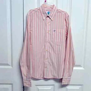Hollister Pink Green White Stripe Long Sleeve Pocket Collar Top Jr Size S - Picture 1 of 6