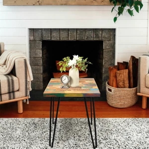 Greenage Reclaimed Wood Side Table with Carving Square Hairpin Legs End Table - Picture 1 of 8