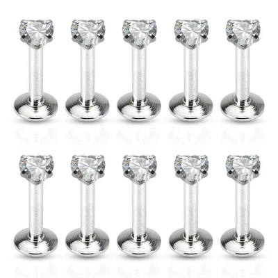 10pcs Prong Set Heart CZ Gem Internally Threaded Labrets Wholesale Body Jewelry - Image 1 of 2