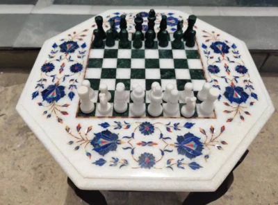 White Marble Inlay Floral Border Chess Table Top with Chess Pieces | Handmade - Image 1 of 4