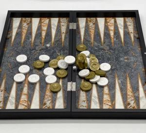 Handmade Wooden Chess Pieces with Gray Backgammon Board and Chess Set - Picture 1 of 10
