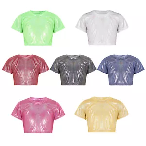 Kid Girls Boys Shiny T-Shirts Short Sleeve Dance Crop Top Jazz Hip Hop Dancewear - Picture 1 of 36