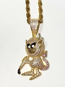 Mens 14k Gold Iced Ice out Ghost Devil Emoji Snap Charm Pendant Rope Necklace - Picture 1 of 6