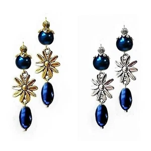 Earrings navy dark blue pearl and flower charm drop, choose your fittings - Picture 1 of 3