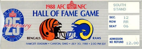 1988 Hall Of Fame Game Ticket Cincinnati Bengals vs Los Angeles Rams 37537 Cover