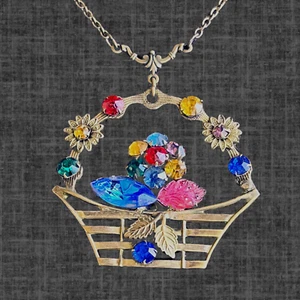 Art Deco Czech Glass Multi Color Rhinestone Flower Basket Fruit Salad Necklace - Picture 1 of 11