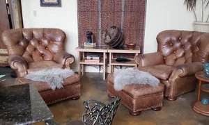 2 Vintage Leather Wingback Writers Chairs W/ Ottomans - Rare w/Ralph Lauren ties - Picture 1 of 11
