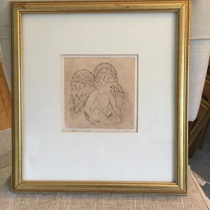 ORIG SIGNED ETCHING OF CHERUB ANGEL BRNTUMBER INK GOLD LEAF FRAME BY NANCY NADZO - Picture 1 of 4