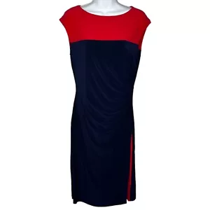 LRL Ralph Lauren Sheath Dress Size 6 Ruched Jersey Stretch Navy Red Colorblock - Picture 1 of 8
