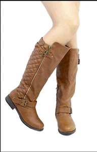 Bamboo Montage Womens 7 Tall Riding Boots Brown Zip Buckles Faux Fur Lined New - Picture 1 of 3