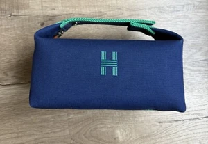 NEW HERMES Bride a Brac PM Small Marine Blue Toile Canvas Cosmetic Handbag Pouch - Picture 1 of 5