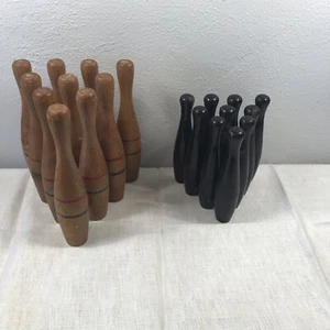 Vtg 2 Sets 10 Pin Child’s Wooden Bowling Set Blue Red Striped 6 1/2” Black 5” - Picture 1 of 13