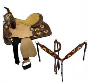 Leather Western Barrel Saddle Beautifully Hand Painted Sunflower Size 15". - Picture 1 of 5