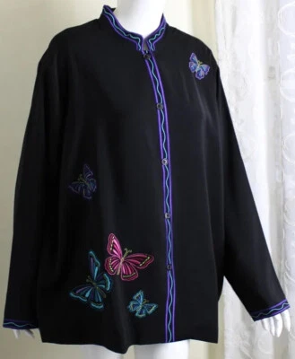 Blazer Chaqueta Crepe Nuevo con Etiquetas Coldwater Creek Talla 2X Negro Púrpura Bordado Mariposa Foto 1 de 4