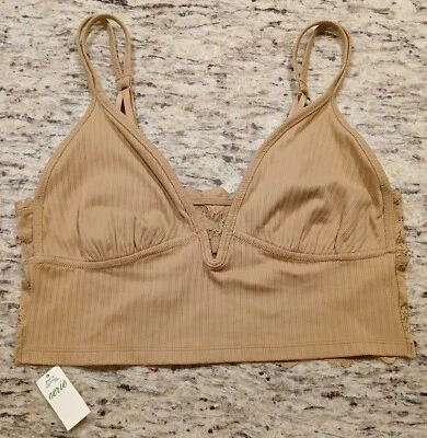 Aerie Bra Bralette Large Cropped Longline Beige Ribbed Floral Lace Back V Plunge - Image 1 of 4