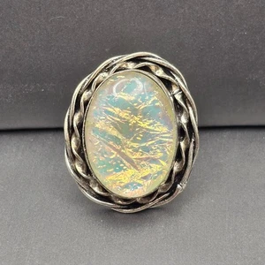 925 Triplet Opal Ring Size 8 Iridescent Cabochon VTG Silver-Plated Jewelry - Picture 1 of 13