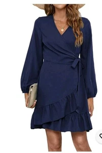 Damen kleines Kleid Langarm Wickeloptik V-Ausschnitt Rüschensaum dunkelblau Freizeit Karriere - Bild 1 von 14
