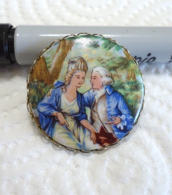 Vintage Ceramic & Metal Picture Button 17th CENTURY LOVERS 1 3/8" - Image 1 of 4