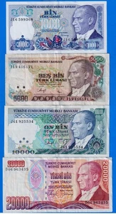 Turkey 1000, 5000, 10000, 20000 Lira P-196(2),198,200(2),201b Circ TK#4 - Picture 1 of 4