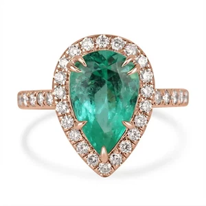 3.44TCW Pear Cut Emerald and Diamond Pave Halo Engagement Ring Rose Gold 14K - Picture 1 of 9
