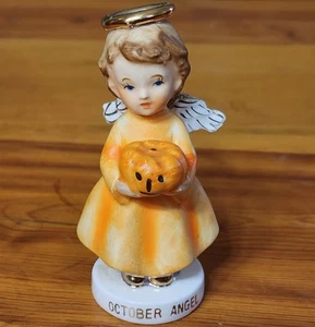 ALTER KERAMIK ORANGE OKTOBER GEBURTSTAG ENGEL MIT HALLOWEEN JACK-O-LATERNE JAPAN 4" - Bild 1 von 4