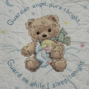 Baby Blanket-Fleece Lined Nursery Angel Bear Completed Cross Stitch 42" X 32" - Picture 1 of 10