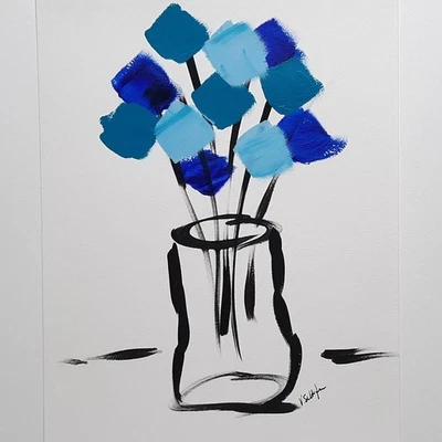 花卉艺术原创抽象花卉丙烯酸绘画现代波普艺术11x14蓝色 — 第 1/4 张图片