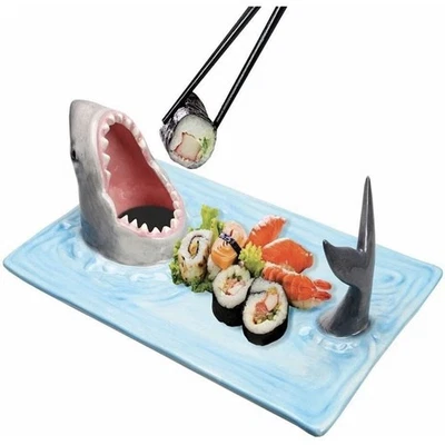 Ceramic Shark Attack Platter Plate Serving Tray Dish Blue Sushi Appetizer Funny - Image 1 of 4