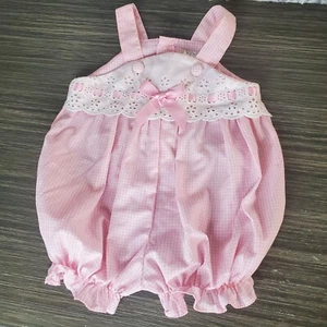 Vintage Pink Gingham Baby Romper Eyelet Lace Trim 3-6 Months Infant Overalls - Picture 1 of 9