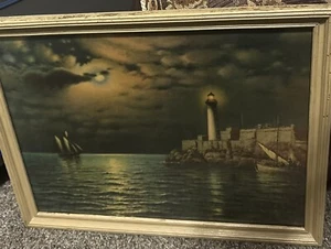Richard Dey De Ribcowsky gerahmter Druck Meereslandschaft Leuchtturm geht Litho Chicago - Bild 1 von 11