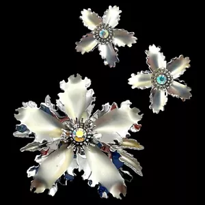 Set orecchini spilla argento vintage anni 60 Pakula Jewelry Co FIORE DI IBISCO pietre AB - Foto 1 di 19