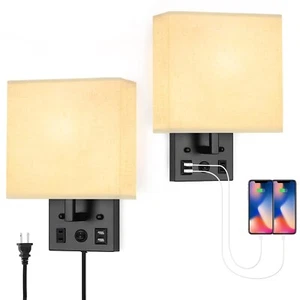 Black Wall Sconces Set of Two, Bedside Wall Lights for Bedroom, Plug in Wall ... - Picture 1 of 7