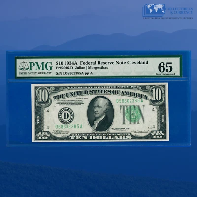 1934-A $10 Ten Dollars Federal Reserve Note Cleveland, PMG 65 #02385 - Image 1 of 2