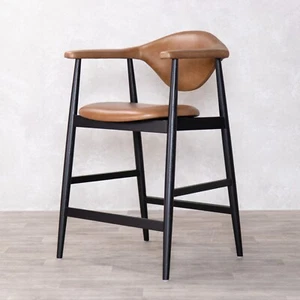 TAN LEATHER COUNTER STOOL SCANDINAVIAN STYLE DARK WOOD FRAME - Picture 1 of 12