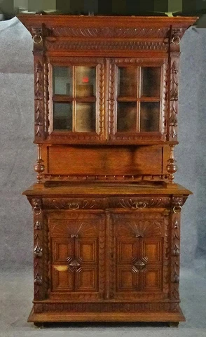 Narrow French Brittany Lion Carved Oak Court Cupboard China Cabinet Vitrine Cover