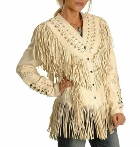 Damen Western Wear Cowboy Rindsleder Fransen Jacke Knochen Nieten - Bild 1 von 3