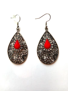 Paparazzi Modern Monte Carlo Red Silver Tone Filigree Teardrop Tribal Earrings - Picture 1 of 1