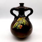 Peters & Reed Pottery Brown Two Handle Squat Vase Leaves & Berries 6.25" Tall