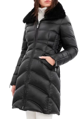 Abrigo acolchado con capucha de oveja real Dawn Levy Cloe NEGRO XL ~NUEVO CON ETIQUETAS Foto 1 de 4